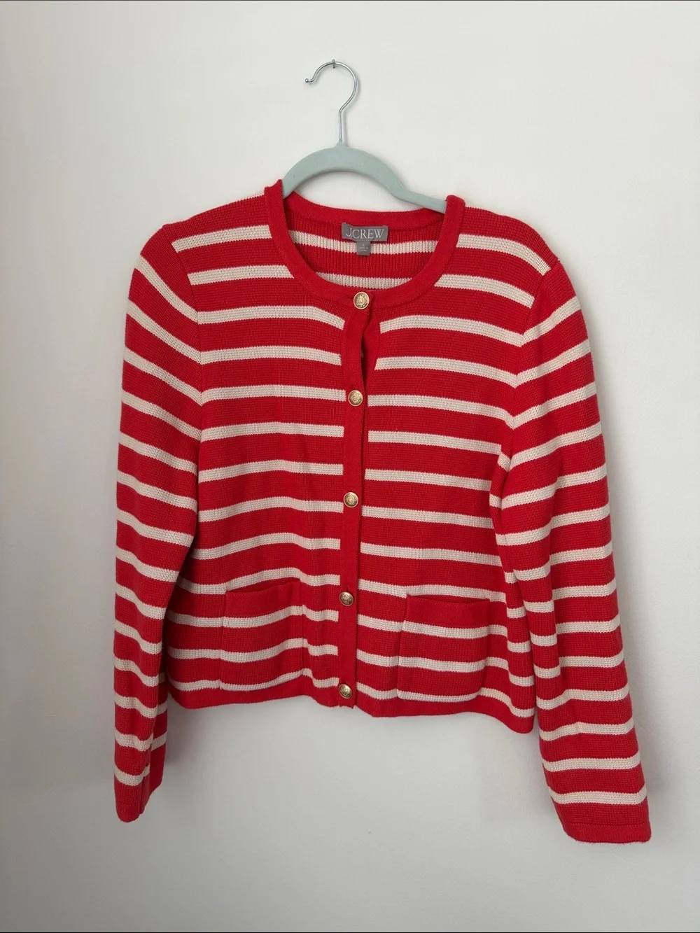 J. Crew Red and Cream Striped Crewneck Cardigan with Gold Buttons